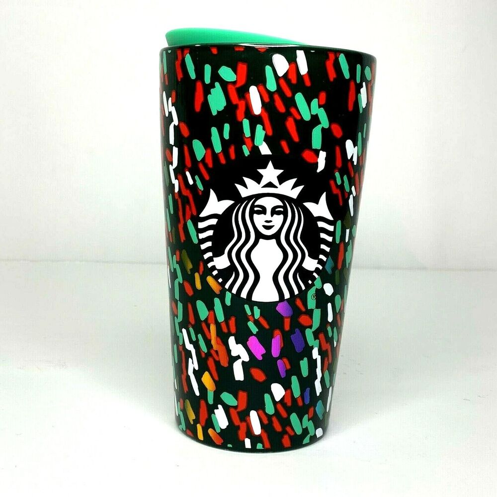 Starbucks 2019 Ceramic Travel Hot Mug 12 oz Confetti Green Red Christmas Holiday